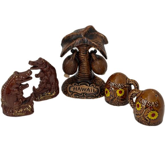 Vintage 3 Sets Salt & Pepper Shaker Hawaii Palm Tree FL Gators Kansas Sunflower - Picture 1 of 10